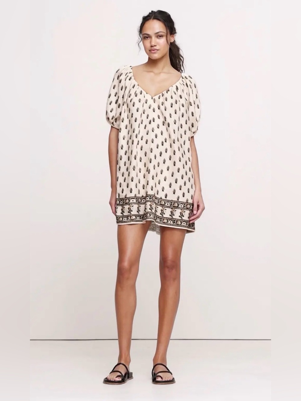 Banana Republic Cream Floral Puff Sleeve Mini Dress M Tall Linen Blend